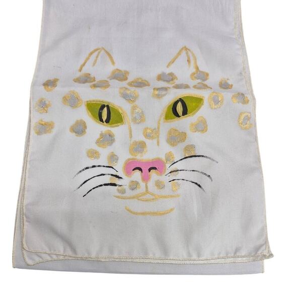 vintage White Hand Painted Kitty Cat Leopard Scarf 1970s Acetate 53" long - Picture 1 of 3